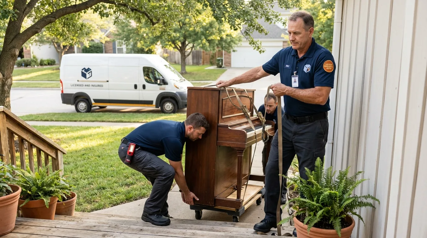 Licensed piano movers securing grand piano in New Martinsville, WV