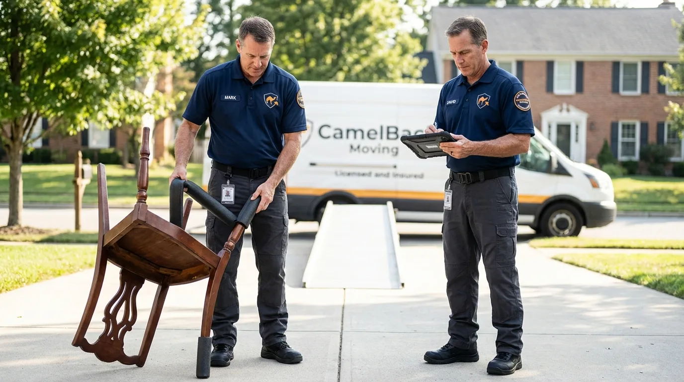 Movers inspecting furniture for damage prevention before loading in New Martinsville, WV