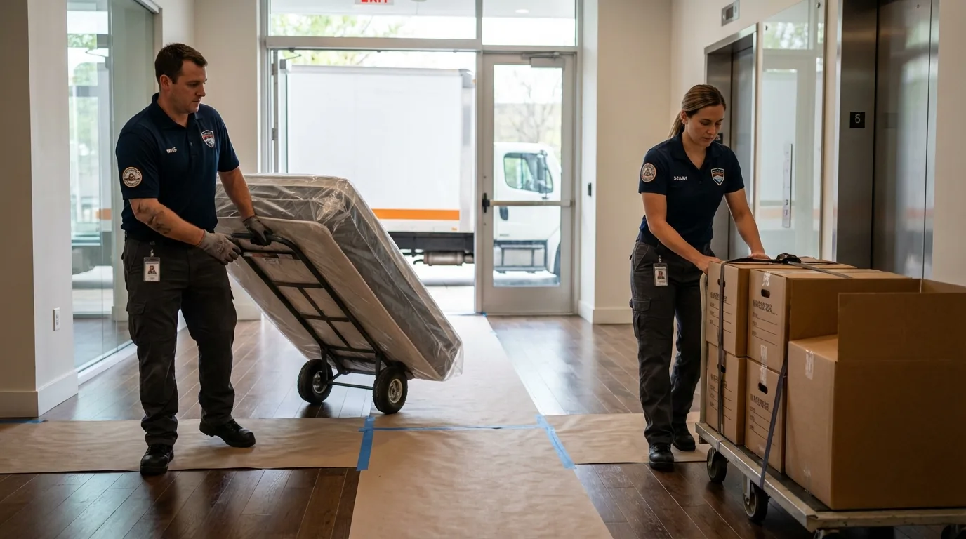 Professional apartment movers loading elevator in New Martinsville, WV