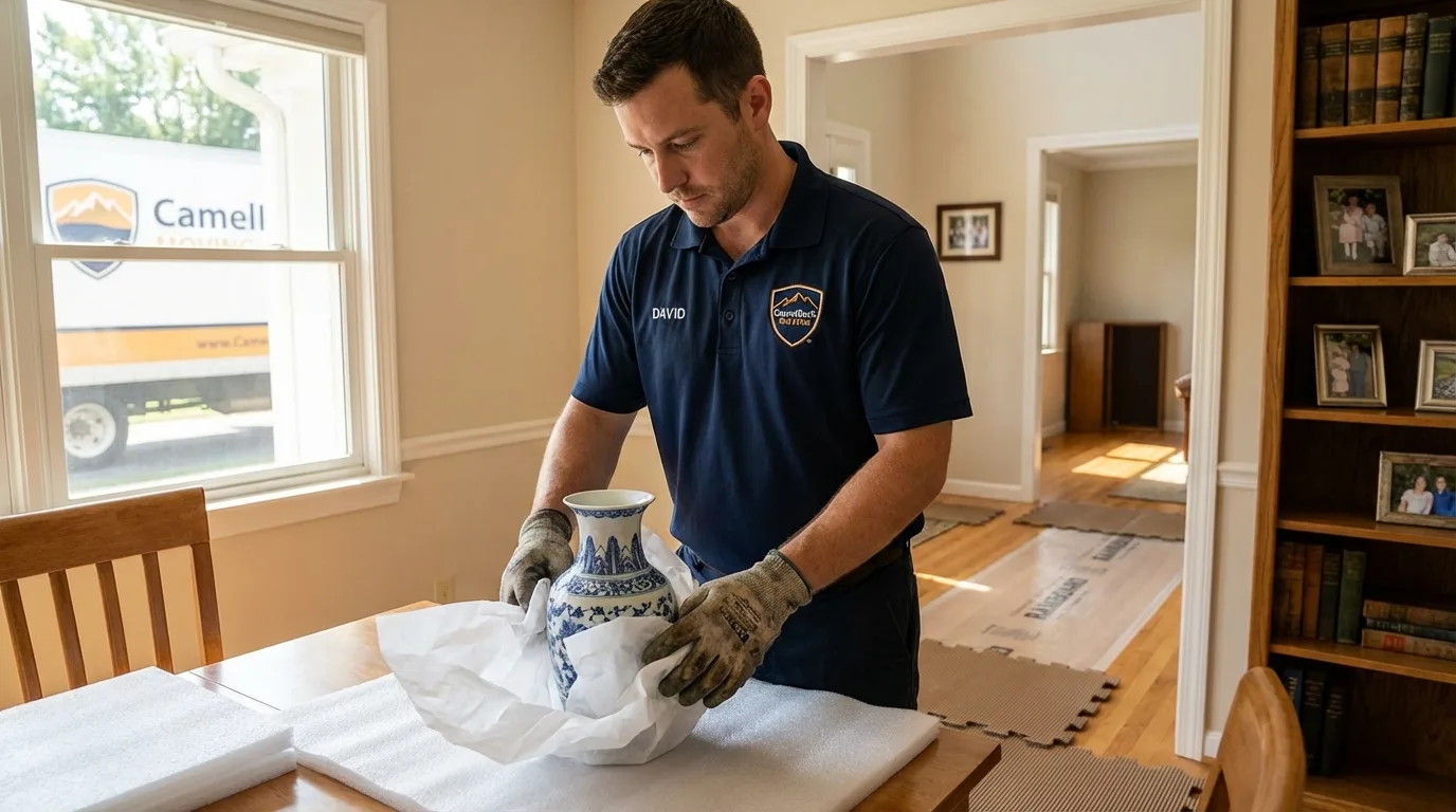 Professional crew carefully wrapping antique vase for senior downsizing move in New Martinsville, WV